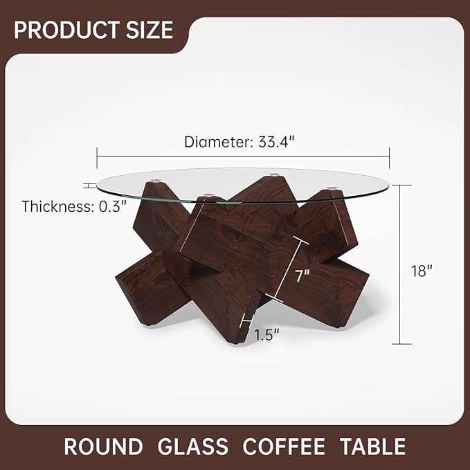 Walnut Round Glass Coffee Table,33-Inch Coffee Tables for Living Room Clear Circle Accent Table Adapts to Farmhouse and Contemporary Decor