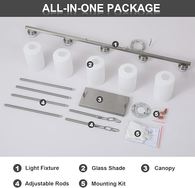 Island Light for Kitchen, Brushed Nickel Dining Room Light Fixture Over Table with Milk Glass Shade, 5-Light Linear Chandelier Pendant Lighting for Dining Table Kitchen Island Living Room