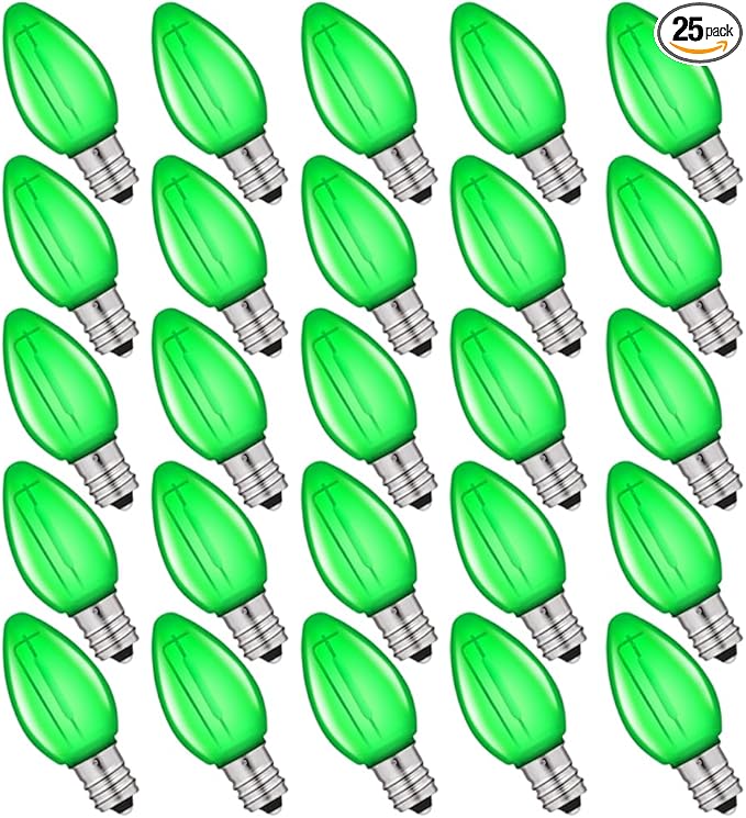 NETEHA 25 Pack C7 Green Led Replacement Christmas Light Bulb, C7 E12 Base 120V Waterproof Led Bulbs for Christmas Outdoor String Lights, Halloween Decoration Bulb