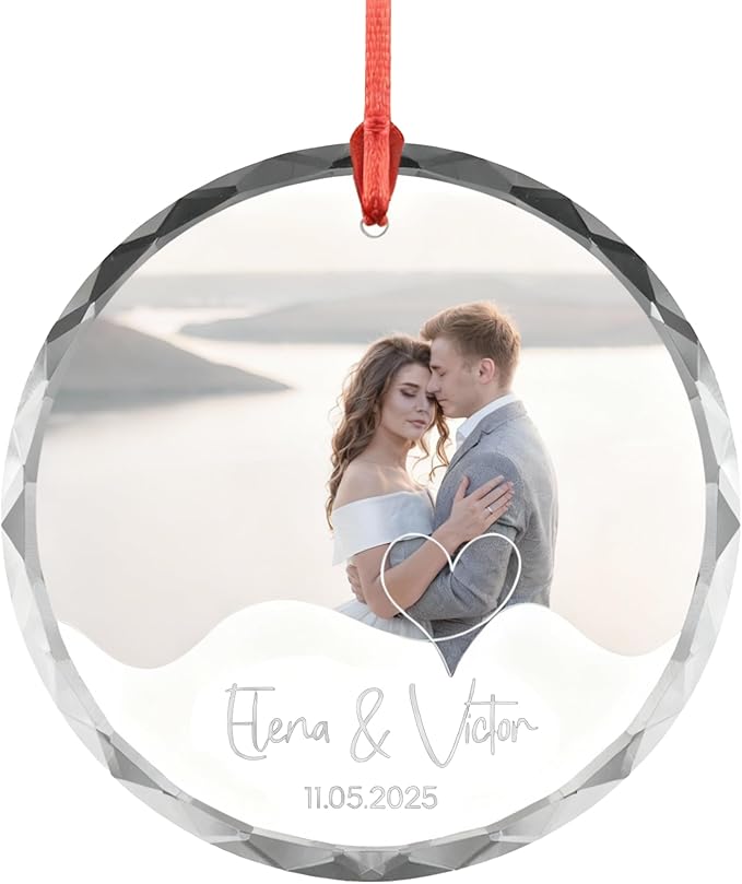 Heart Line Couple Ornament – Custom Photo, Names & Date – Acrylic or Glass Personalized Wedding Ornament – Engagement Keepsake Gift