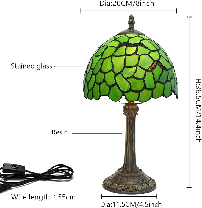 Tiffany Lamp - Green Leaf Stained Glass Table Lamp 8x8x14 Inches - Green Leaf Style Desk Reading Light - Bedroom & Living Room Decor