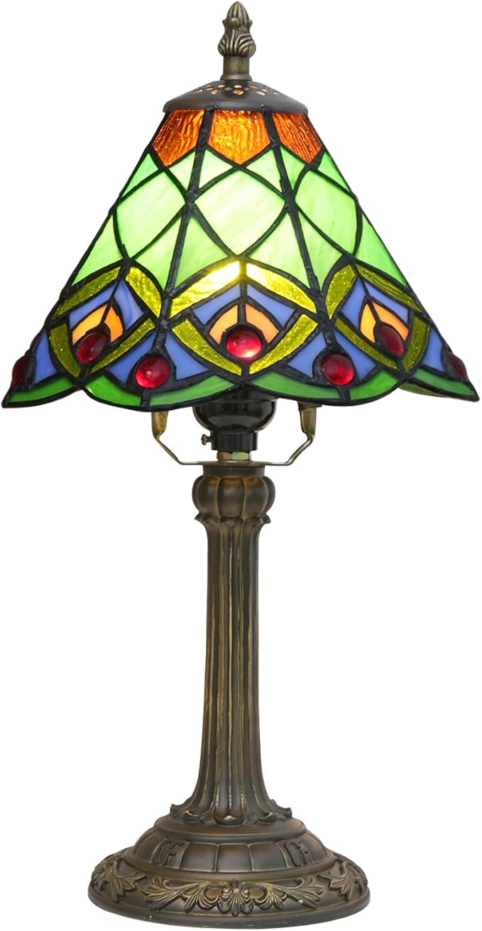 Green Small Tiffany Lamp Stained Glass Table lamp Peacock Tail Bedroom Bedside Light for Living Room Dormitory Bar Retro Style Unique Cute funky Accent Decor Cottage 8" Village gift Nightstand Lamp