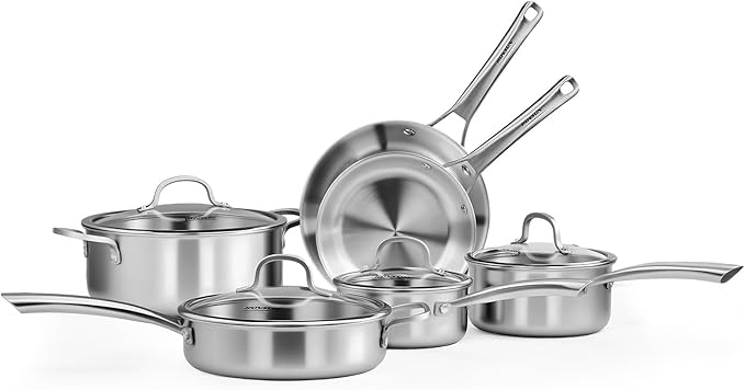 ROVSUN 10-Pcs Stainless Steel Cookware Set, Tri-Ply Pots and Pans Set, Non-Toxic Kitchen Set, PFOA & PTFE Free, Full Clad Frying Pans, Saucepans, Saute Pan & Stock Pot, Compatible for All Cooktops
