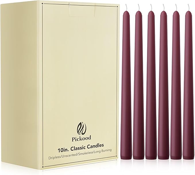 10-Inch Tall Unscented Dripless Taper Candles Bulk 30 Pack - Burgundy Taper Candles Bulk, Perfect for Wedding, Dinner - Smokeless, 6-8 Hour Long Burning - Colored Candlesticks Bulk - Burgundy