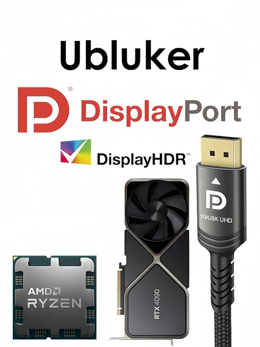 10K 8K DisplayPort 2.1 Cable 54Gbps 5 FT, Certified DP to DP Cord 4K 240Hz 165Hz 144Hz 120Hz 10K 8K 120Hz Nylon Braided UHBR HDCP2.3 FreeSync G-Sync RTX5090 Gaming Monitor PC Projector