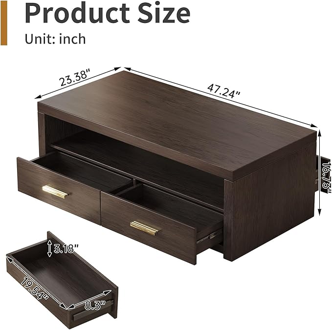 Coffee Table with Storage, 4 Storage Drawers Mid-Century Modern Rectangular Center Table, Retro Tea Table with Open Display Area for Bedroom, Living Room