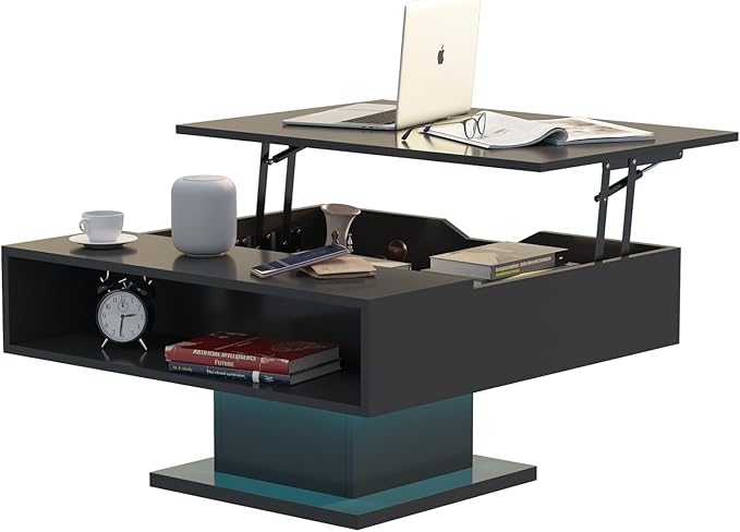 Square Lift Top Coffee Table with Storage, Black Led Coffee Table for Living Room with Large Hidden Storage, 30.7" Wood Table Led Center Table for Dining Reception Room