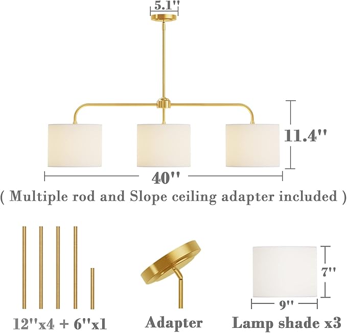 3-Light White Linen Drum Shade Chandelier with Polished Gold Metal Linear Pendant Light Fixture for Kitchen Island, Dining Table, E26, 180W