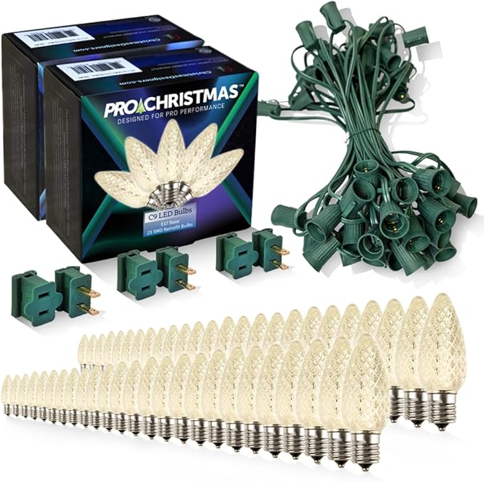 Pro Christmas C9 LED Christmas Light Kit for Rooflines & Pathways – DIY Cut to Length, Outdoor Commercial Grade (Green Wire w/Vampire Plugs, 50 Bulbs, 50 ft) Warm White