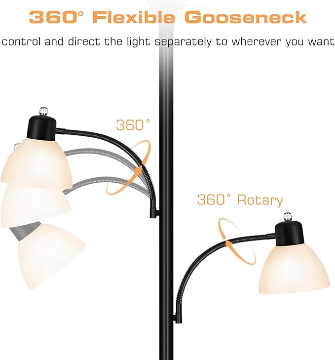 Luvkczc Floor Lamps for Living Room, 72" Tall Torchiere Floor Lamp with 8W Adjustable Reading Lights, Industrial Lamps for Living Room, Bedroom, Office, Black Tree Floor Lamp【3 Bulbs Included】