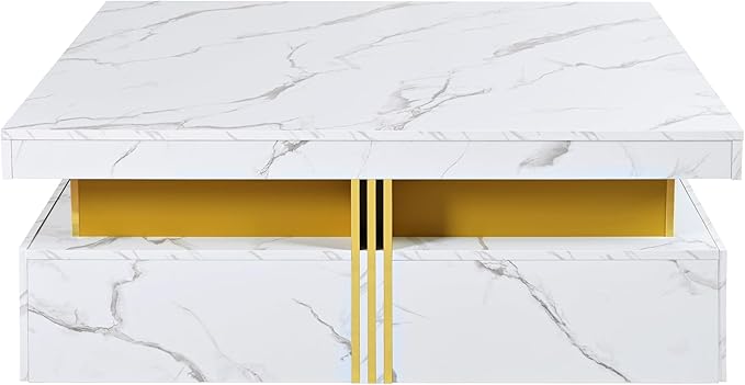 Merax 43.3" Modern Square Storage Coffee Table with 4 Drawers, with Marbling Gold Accents, Functional Center Tables for Living Room Apartment, White