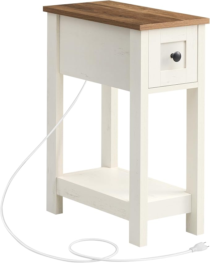 VASAGLE Farmhouse End Table with Storage Drawer, Narrow Side Table with Charging Station, Nightstand, Easy Assembly, for Living Room, Bedroom, Honey Brown and Rustic White ULET328W01