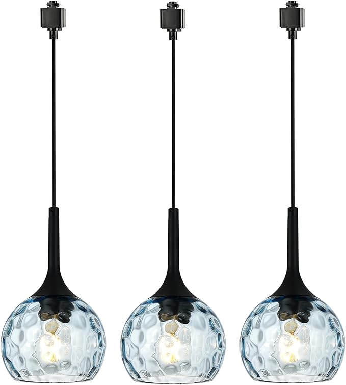 VINLUZ 3 Pack Pendant Light with Blue Round Ribbed Glass Shade, H-Type Track Lighting Fixture Farmhouse Chandelier for Dining Room in Black Finish