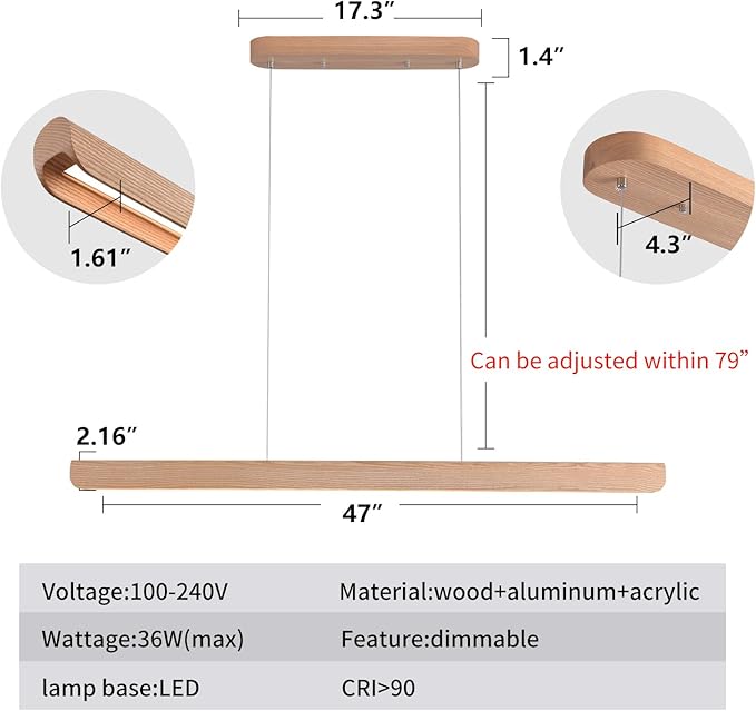 47inch Wood LED Linear Pendant Light, Dimmable Wood Ceiling Lamp,Minimalist Linear Chandelier, 36W Warm Light 3000K, Modern Kitchen Island Dining Room Lighting Natural Adjustable Height