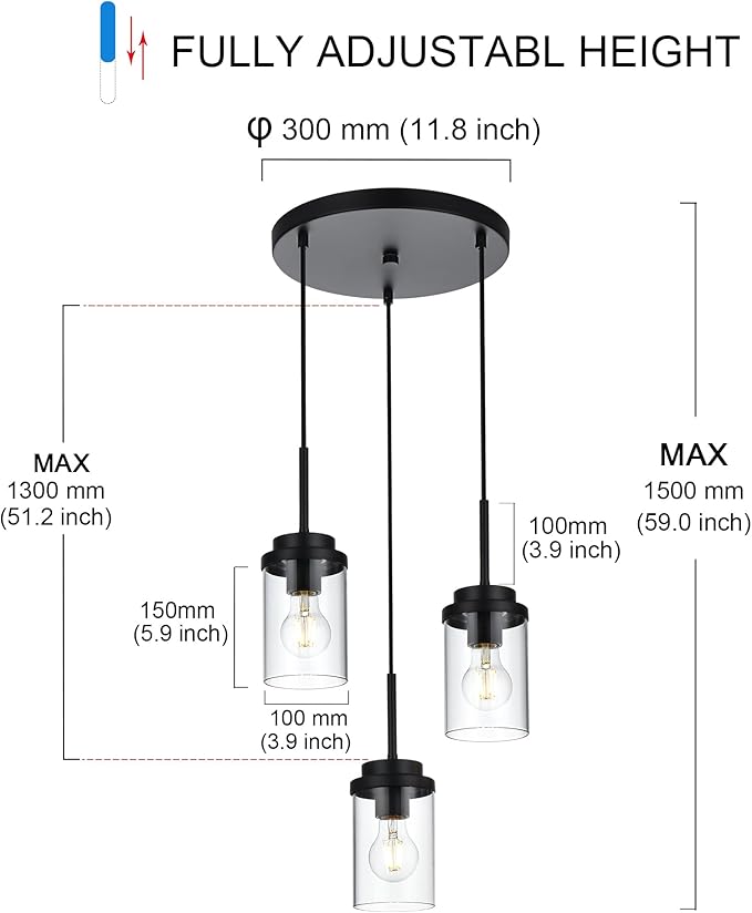MELUCEE 3-Light Farmhouse Black Pendant Lights Kitchen Island, Modern Light Fixtures Ceiling Hanging with Clear Glass Shade Cluster Pendant Lighting for Dining Room Kitchen Hallway Stair