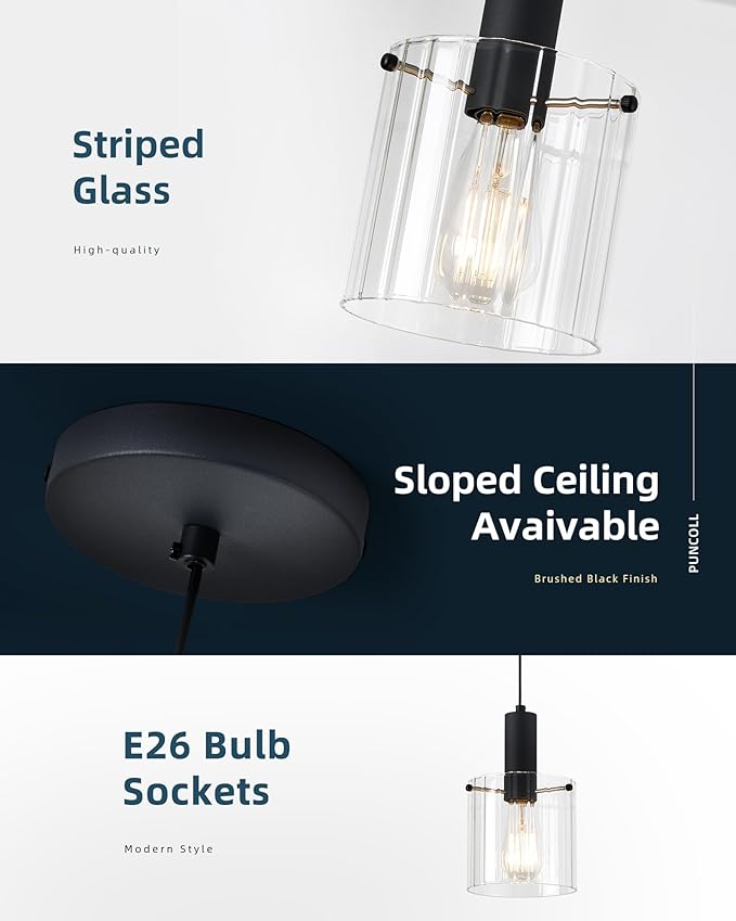 Modern Pendant Lighting - Black Pendant Hanging Fixture with Clear Glass for Kitchen Island Dining Room Living Room, H3959-1-CLBK