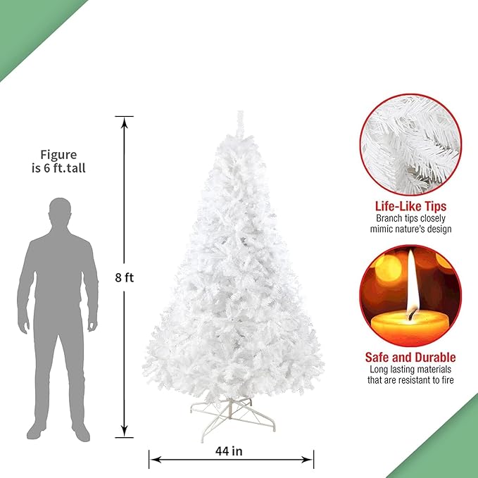 8FT Artificial Christmas Tree, Full Premium Hinged Artificial Pine Tree with Sturdy Metal Stand 1500 Branch Tips,White