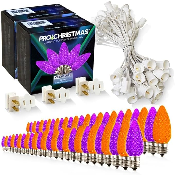 Pro Christmas C9 LED Christmas Light Kit for Rooflines & Pathways – DIY Cut to Length, Outdoor Commercial Grade(White Wire w/Vampire Plugs, 50 Bulbs, 50 ft) Purple and Amber