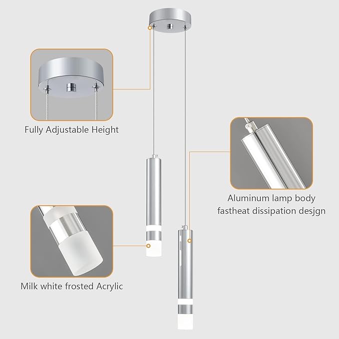 Modern Pendant Light Kitchen Fixture Dimmable LED Chrome Mini Pendant Lighting fo Kitchen Island Bedroom Bedside Table Small Pendant Lights (2-Light)