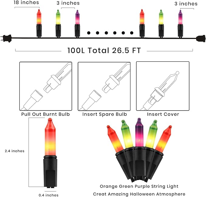 Christmas Lights– 100 Count Mini Purple Orange & Green Incandescent String Lights, 26.5ft Black Wire, UL Listed, Connectable up to 125ft, for Indoor & Outdoor Home Decor