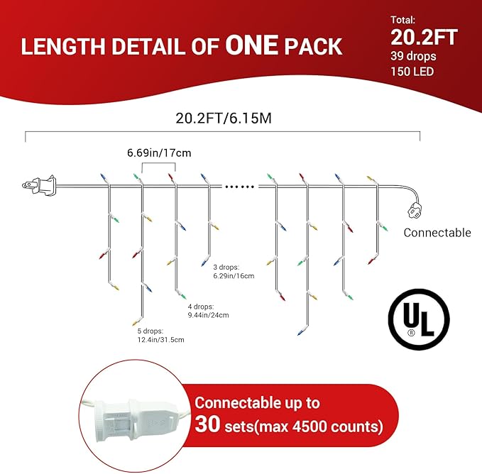 New One Icicle Lights Outside 3 Pack, 20.2 FT 150 LEDs Multicolor Christmas Outdoor With White Wire, Connectable String With 39 Drops, Holiday Wedding Party Indoor