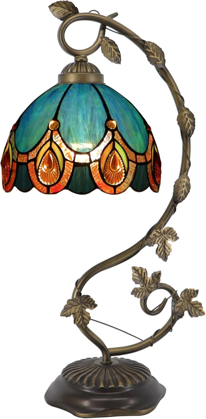 Tiffany Table Lamp, Stained Glass Desk Reading Light,Metal Leaf Table Lamp Base 8X10X21 Inches (Peacock Crystal)