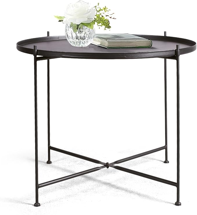Modern Metal End Table, Round Side Table Indoor/Outdoor, Living Room Small Coffee Table (Black, 1-Tier 23.6")