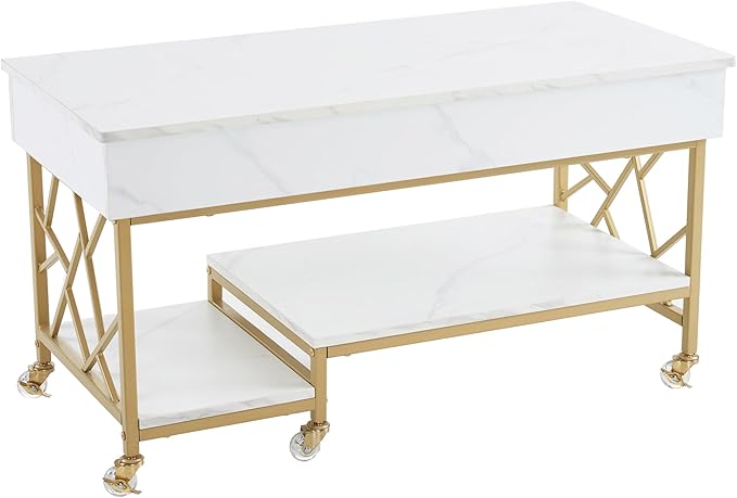 ivinta Lift Top Coffee Table with Storage, Modern Center Table with Lockable Crystal Wheels and Hidden Compartment for Living Room Home Office 1150 (White and Gold)