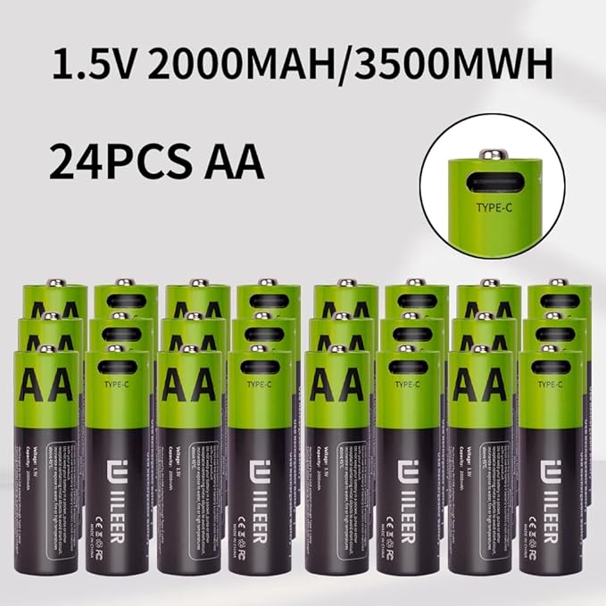 2000mAh USB-C Rechargeable AA Batteries, 1200 Cycles Life, Fast Charging with Type-C Cable, for Gaming Controllers, Mouse, Keyboard & Home Electronics, Black Green (16)