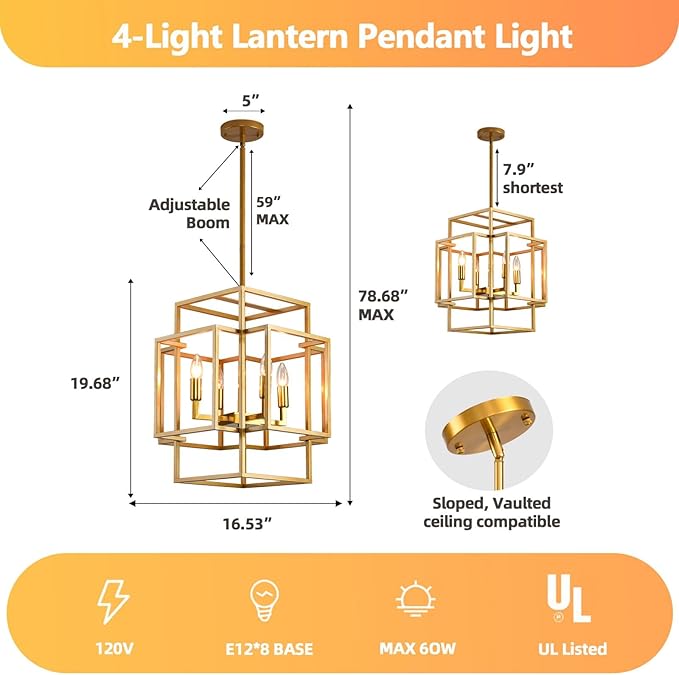 WJShome 4 Light Gold Chandelier, Industrial Ceiling Lantern Pendant Light Adjustable Height Farmhouse Foyer Lighting Fixtures, for Dining Room Kitchen Island, Entryway, Indoor