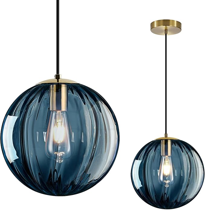 Modern Blue Glass Pendant Light, Kitchen Island Lighting Single Globe Pendant Light Fixtures Century Kitchen Island Pendant Lighting for Bedroom Living Dining Room Light Fixture （Without Bulb）