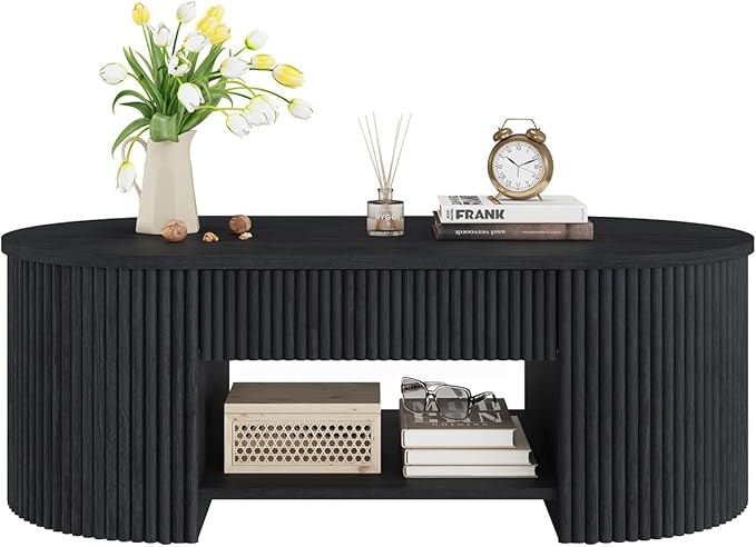 FATORRI Coffee Table for Living Room Storage, Modern Wood Fluted Center Table with Drawer, Mid-Century Oval Living Room Tables with Shelf (Black, 43.31 Inch)