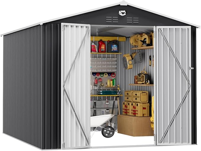 10x12 FT Outdoor Storage Shed, Metal Garden Shed - Tool Storage Sheds with Lockable Doors, Waterproof Outside Storage Building for Backyard, Patio (Black; Floor Not Included)