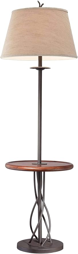 Franklin Iron Works Rustic Farmhouse Country Cottage Floor Lamp with Tray End Table 63.5" Tall Wood Twisted Iron Base Brown Linen Fabric Tapered Drum Shade for Living Room Reading House Bedroom