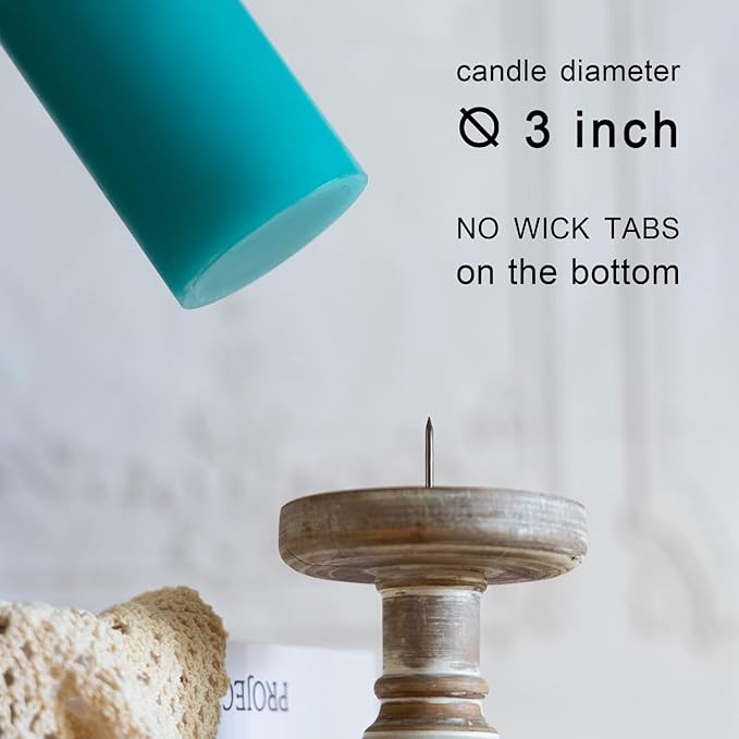 MOZEAL 3" x 4" Hand-Poured Unscented Turquoise Pillar Candles,Dripless Candles Set of 3,Smokeless,Clean Burning,Approx 60 Hours Burn Time,Wedding,Dinner and Home Decor（3 Inch Width Series） Teal