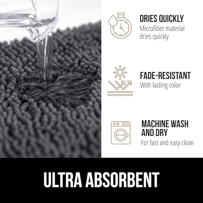 GORILLA GRIP Bath Rug Mat 48x17, Soft Absorbent Chenille, Quick Dry Microfiber Mats, Rubber Backing Washable Shower Floor Rugs, Bathmat Runner, US Designed Bathroom Home Decor Accessories Charcoal