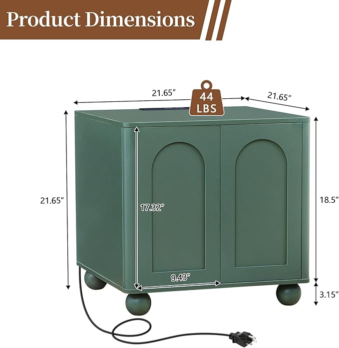 Bed Side Table with Charging Station, Mid Century Modern Nightstand with 2 Doors, Square End Table with Storage for Couch,Living Room,Small Spaces, Sofa Side Table for Office,Dorm - Green