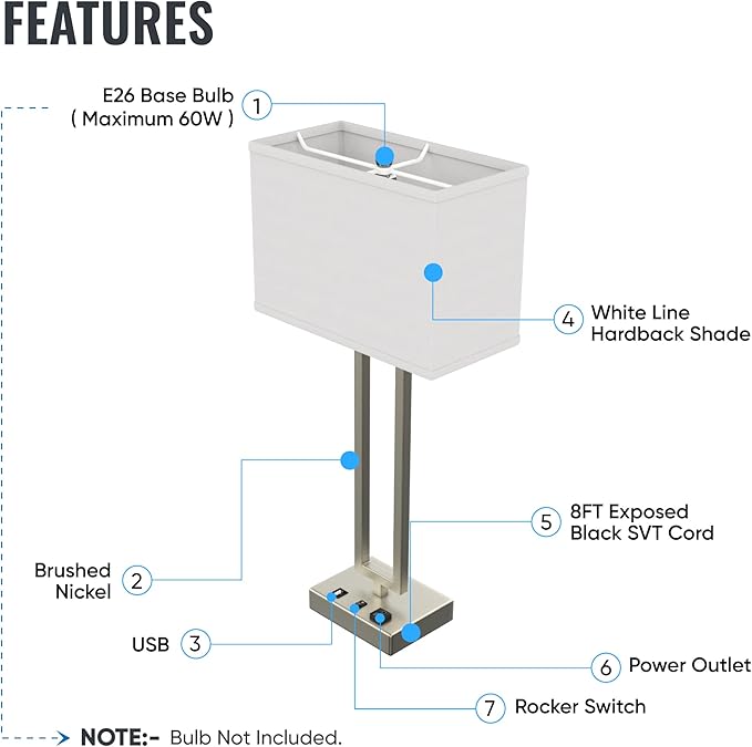 LEDMyPlace 28" Bedside Table Lamp w/ USB Port, On/Off Switch—E26 Lamp Holder—Brushed Nickel Finish & Fabric Linen Shade—Nightstand, Desk Lamp for Bedroom, Living Room, Office, Hotel Room—14"Wx28"Hx7"D