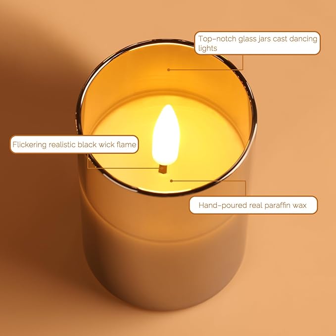 Grey Glass Flameless Candles with Remote Batteries, Flickering Slim Christmas LED Pillar Candles Set of 5