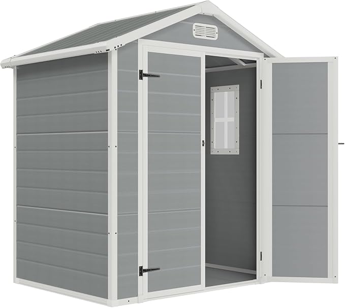 5.5 x 4.4 ft Resin Storage Shed with Floor, Outdoor Tool Shed with Window, Vents, and Stainless Steel Cores, for Pool Supplies/Lawn Mower/Bikes, Grey