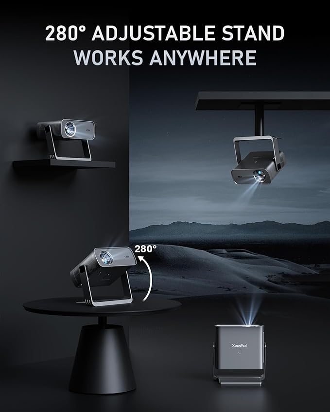 [Officially-Licensed App & Auto Focus] Projector with WiFi and Bluetooth, XuanPad Full HD 1080P Portable Projector, 210° Rotatable Stand, Auto Keystone, Dust Removal and Heat Dissipation Design