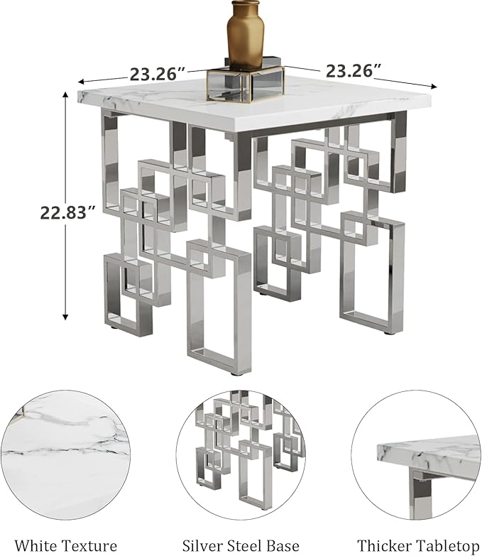 AUZ End Table, White and Silver Side Table, Square Living Room Corner Table with Polished Stainless Steel Geometric Base, Set of 4