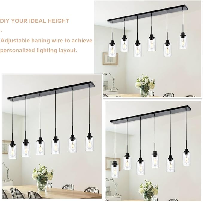 6-Lights Pendant Light Fixtures Ceiling, Modern Black Adjustable Hanging Lamp with Clear Glass Shades, Dining Room Kitchen Island Lighting E26 Bulb Base