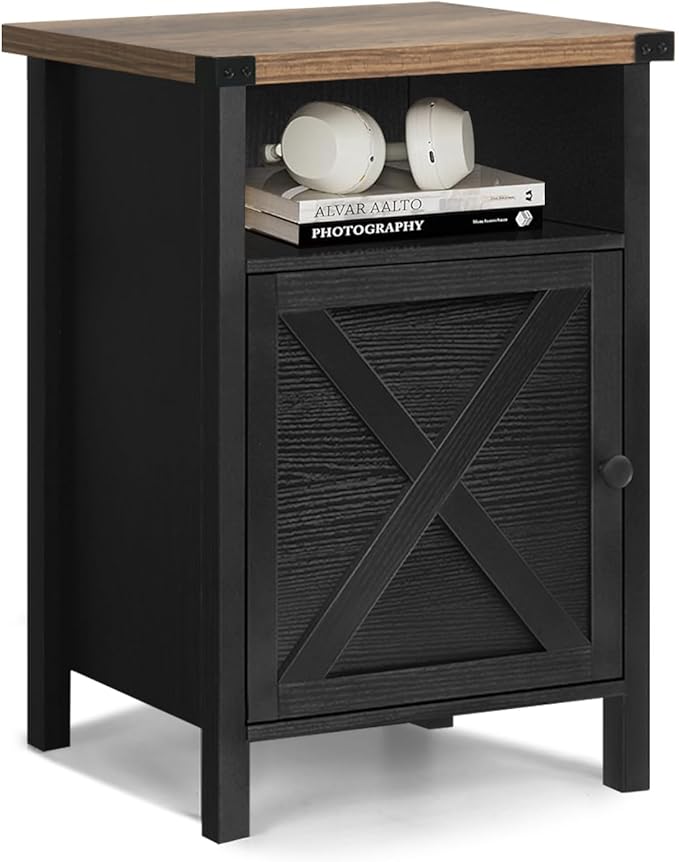 Black Farmhouse Nightstand, Side Table, End Table with Barn Door and Shelf, Rustic Modern Bed Night Stand for Bedroom, Living Room