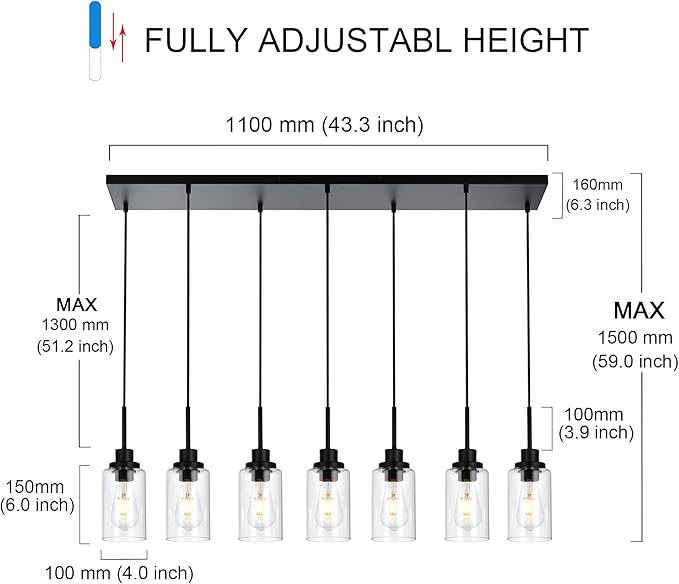 MELUCEE Linear Hanging Pendant Lights with Clear Glass Shade Black Dining Room Light Fixtures Over Table Kitchen Island Lighting, Adjustable Hanging Height