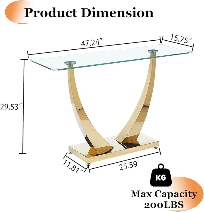 47" Glass Console Table, Modern Rectangular Sofa Table with Tempered Glass Top and Gold Horn-Shaped Stainless Steel Base for Living Room, Entryway, Hallway