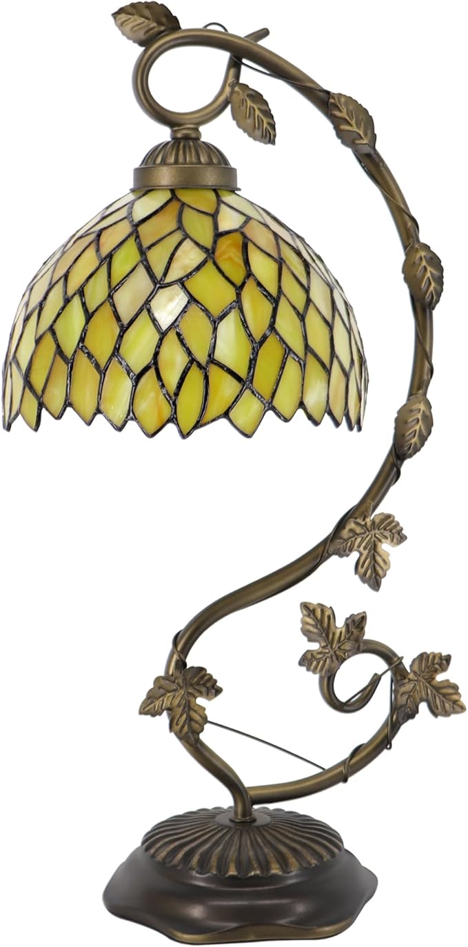 Tiffany Table Lamp, Stained Glass Desk Reading Light,Metal Leaf Table Lamp Base 8X10X21 Inches (Yellow Wisteria)