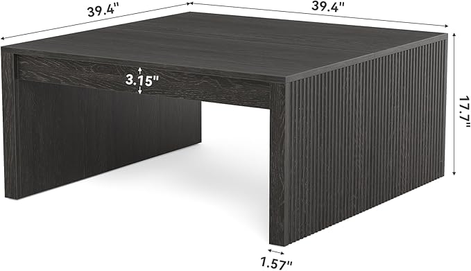LITTLE TREE Square Coffee Table, 39.4-Inch Fluted Coffee Tables, Mid-Century Modern Center Cocktail Table for Living Room Bedroom, Easy Assembly, Black