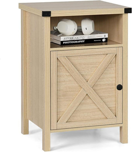 Farmhouse End Table, Side Table, Nightstang, End Table with Barn Door and Shelf, Rustic Modern Bed Night Stand for Bedroom, Living Room, Natural