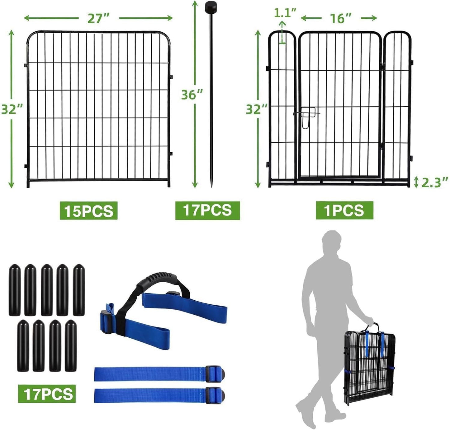 ADAVIN Tall Garden Fence 32 in(H) 16 Panels Total 35.4 Ft(L) Border, Wide Door Low Threshold, Flower Bed Fencing, Animal Barrier Fence, Fence for Dogs Outside, Black Metal Garden Fences with Gate